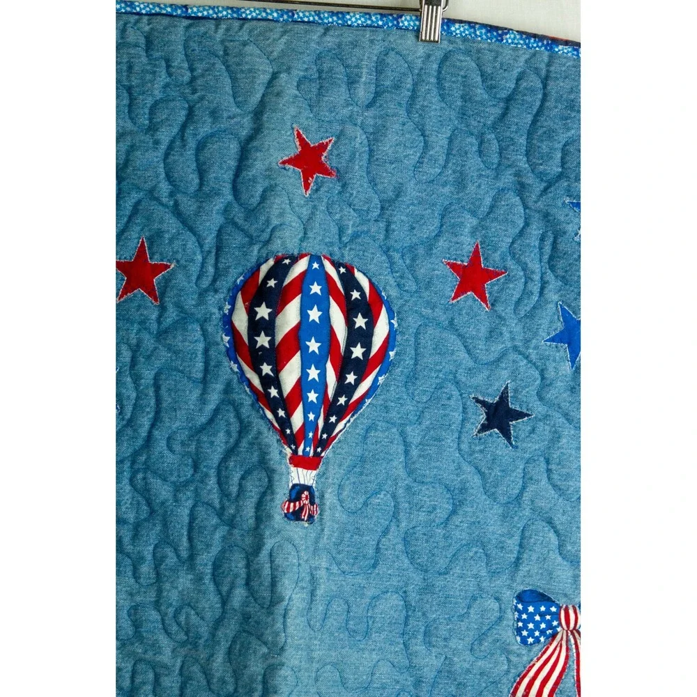 Handmade Patriotic Denim Quilt Americana USA Stars Kids Throw Applique 34 x 41